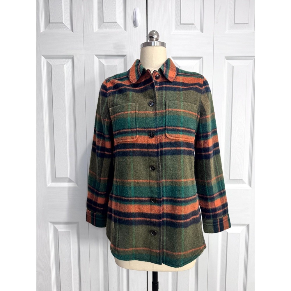 Talbots Plaid Belted Shirt Jacket Women's Petite Small Green Orange Outdoor